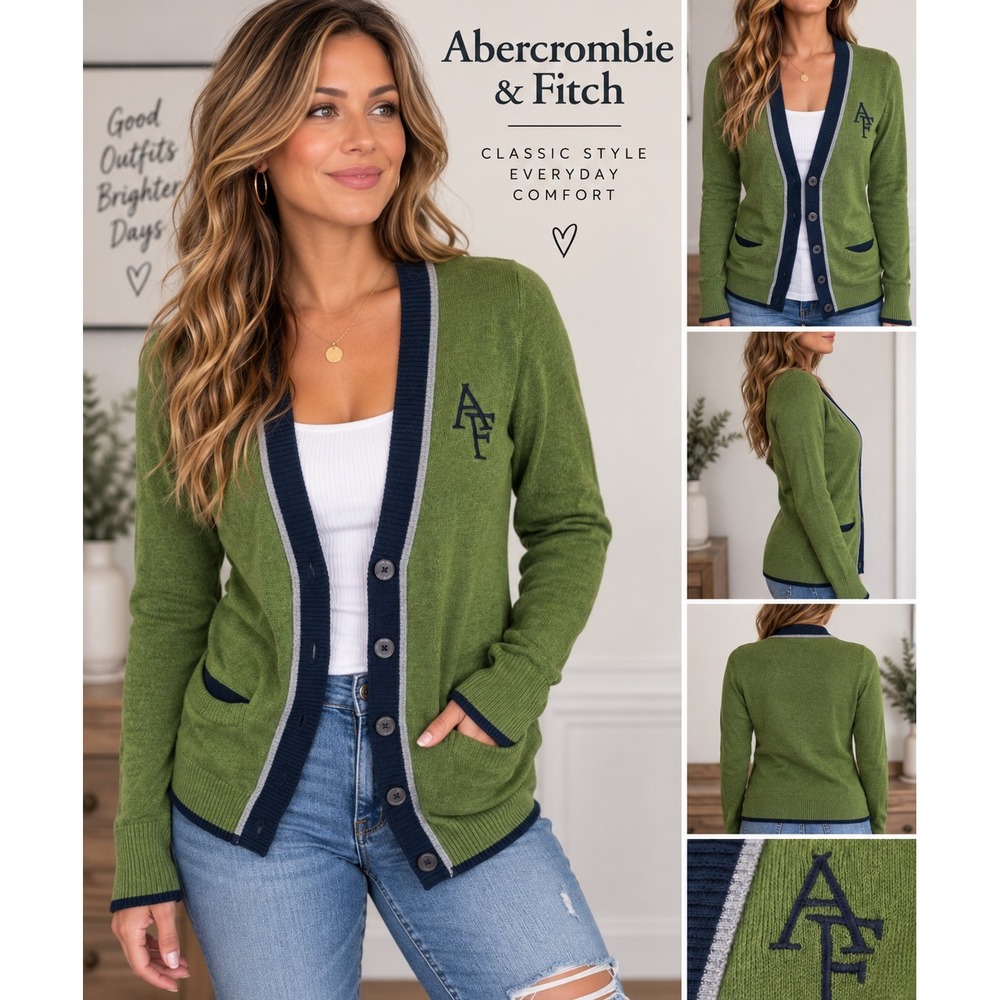 Abercrombie & Fitch Cardigan Varsity Green Cotton Rabbit Hair Preppy Medium